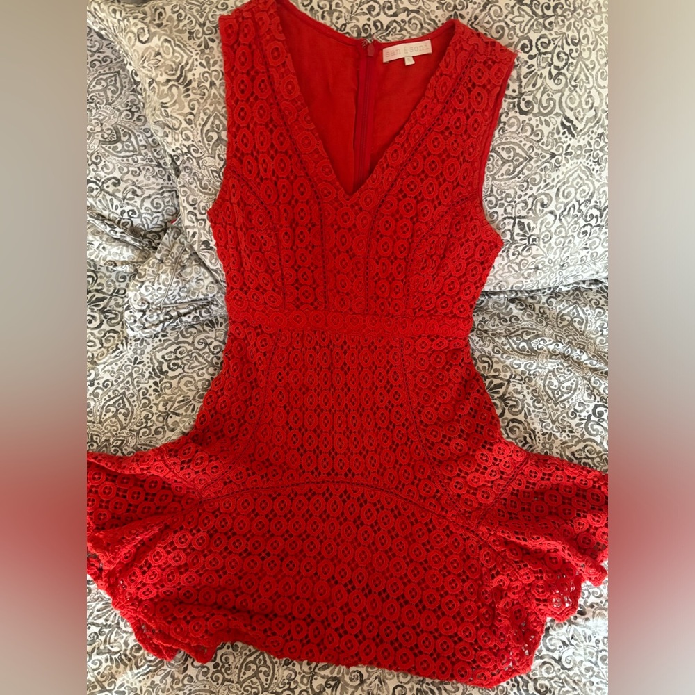 San & Soni Red V Neck Lace Cutout Dress - Anthropologie Size 6